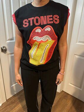 Rolling Stones Upcycled Band Tee with Rhinestones and Lace Sleeve Trim